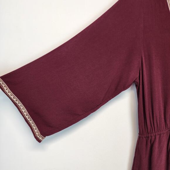 Forever 21 Romper Size M Burgundy Lace Trim V-neck Long Sleeve Crepe Rayon Y2K - Picture 4 of 12